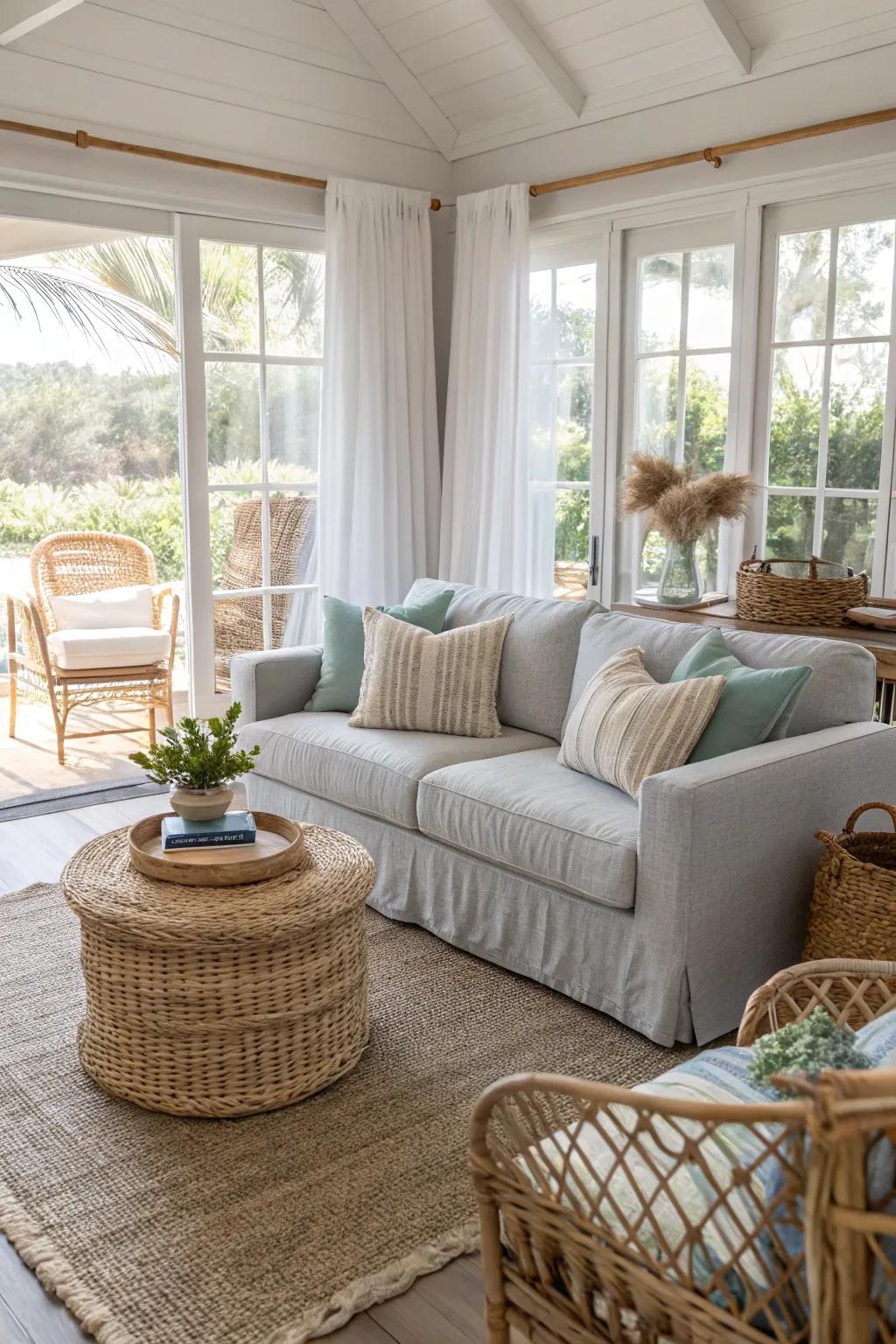 Coastal aspects deliver a relaxing beach feel to a muted stone sofa.
