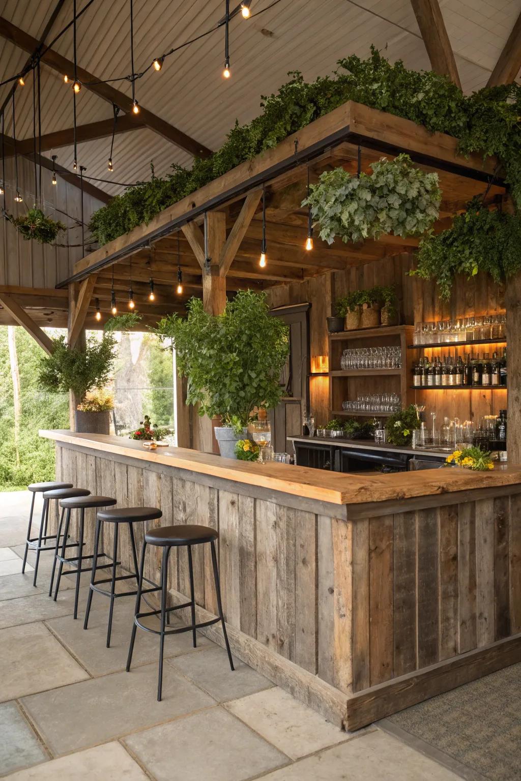 A live edge bar shown in differently themed settings, demonstrating its adaptable design.