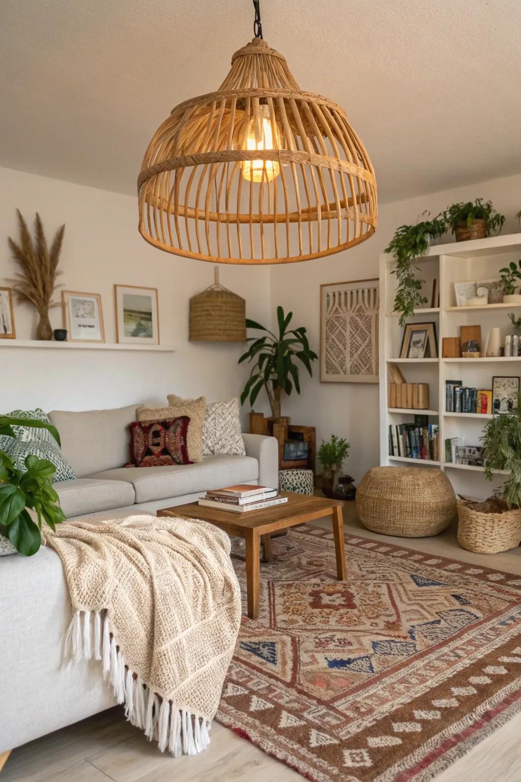 Woven fixtures effortlessly enhance free-spirited vibes.