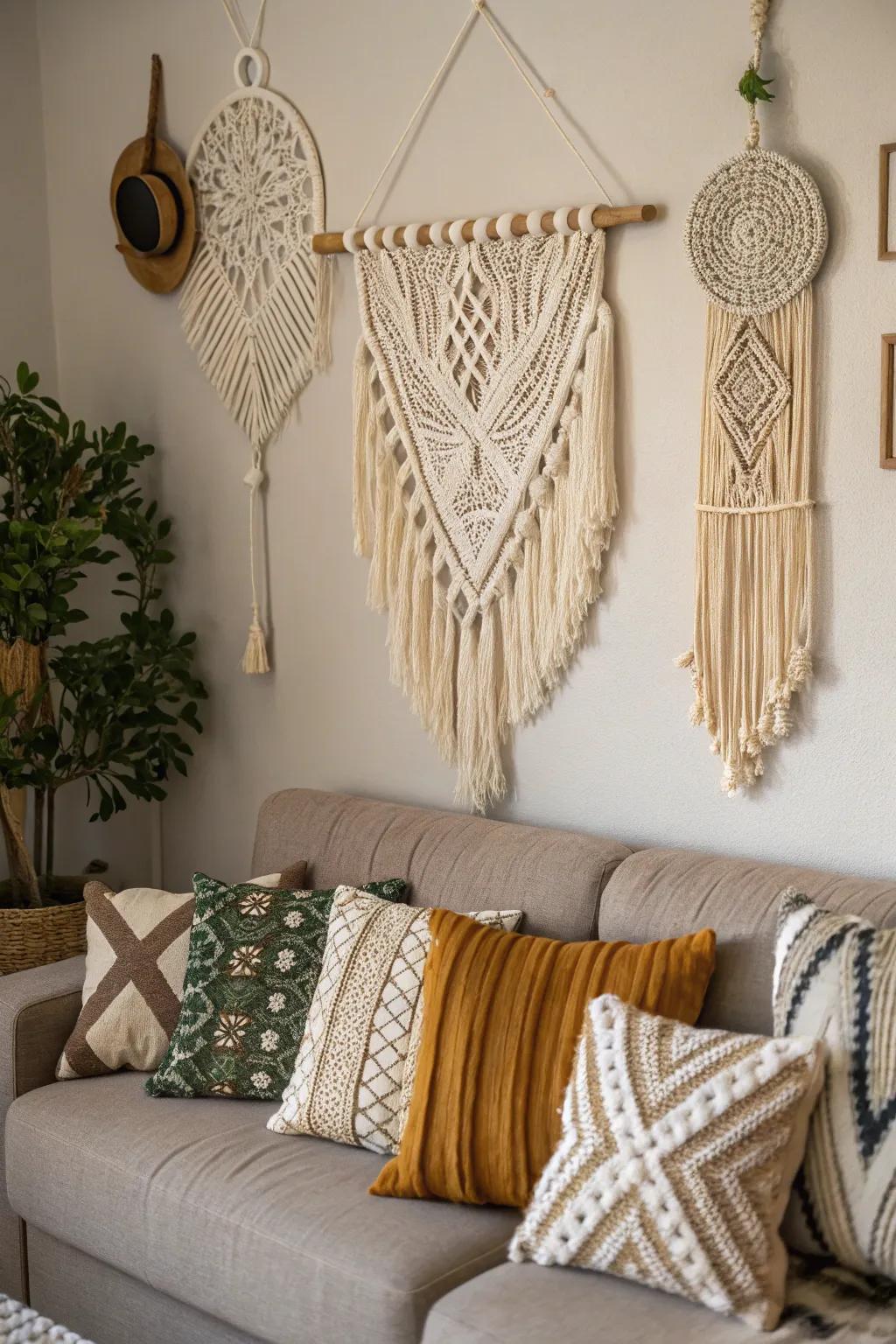 Embossed wall ornamentation accentuates the bohemian farmhouse ambiance.