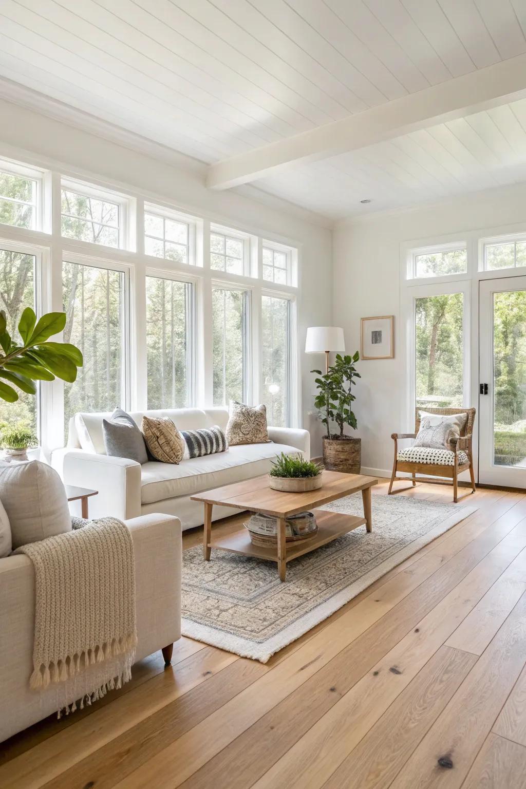 Bright wood floors foster an open and airy atmosphere, enhancing natural light.