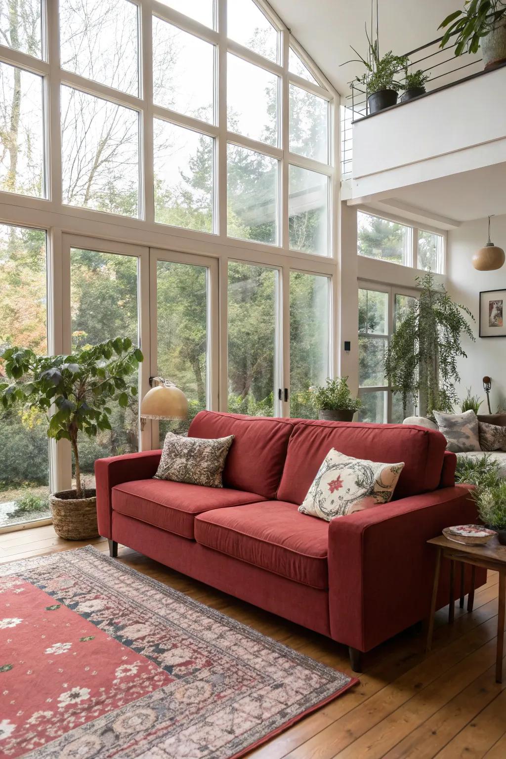 The vibrant appeal of a crimson sofa is enhanced by natural light, which fosters an open and welcoming atmosphere.