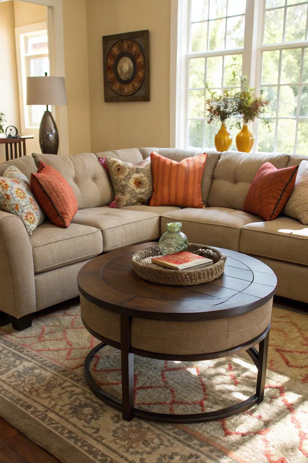 A circular coffee table perfectly complements the sectional's curves.