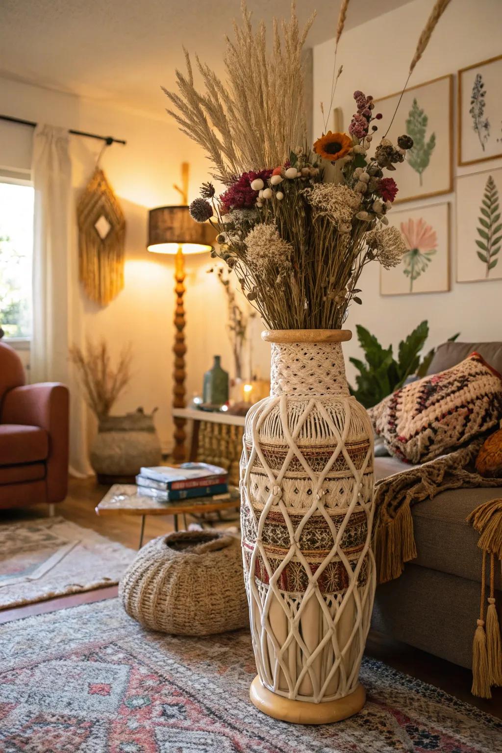 Twine art imparts a bohemian elegance, transforming a standard vase into a stylish ornamental feature.