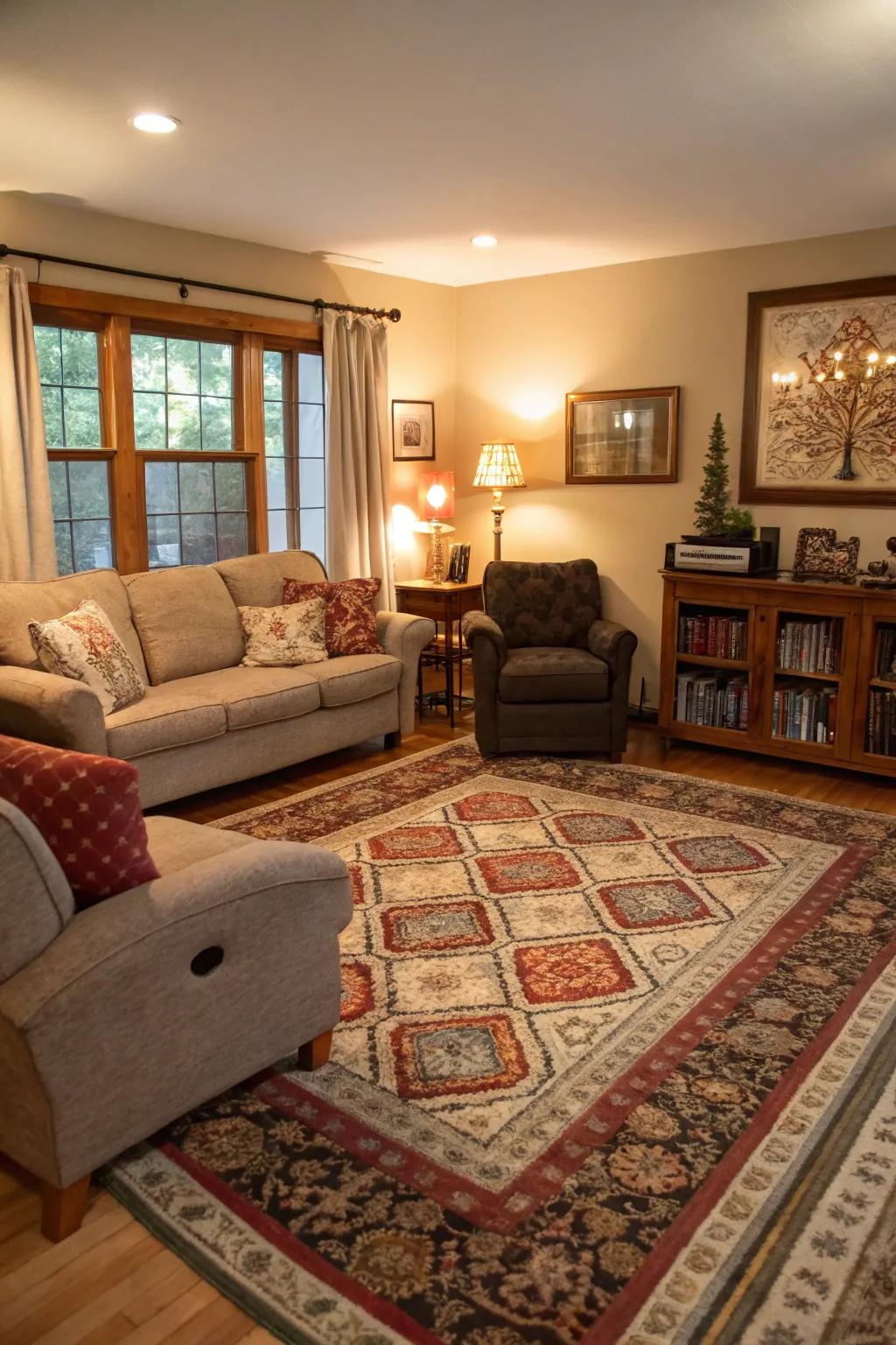 A lounge with distinct zones created by stylish rugs.