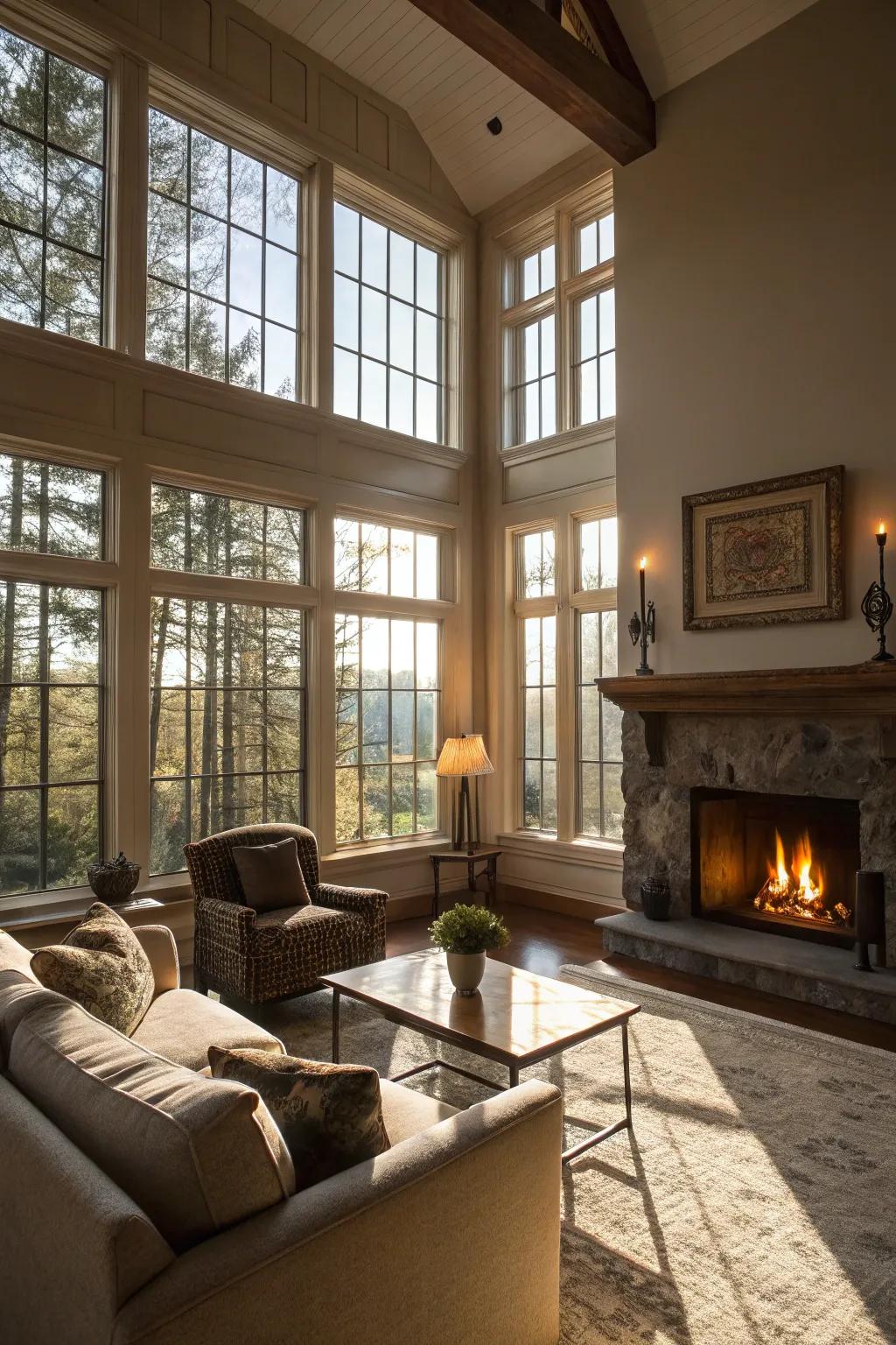A living room design that maximizes pure illumination and fireplace warmth.