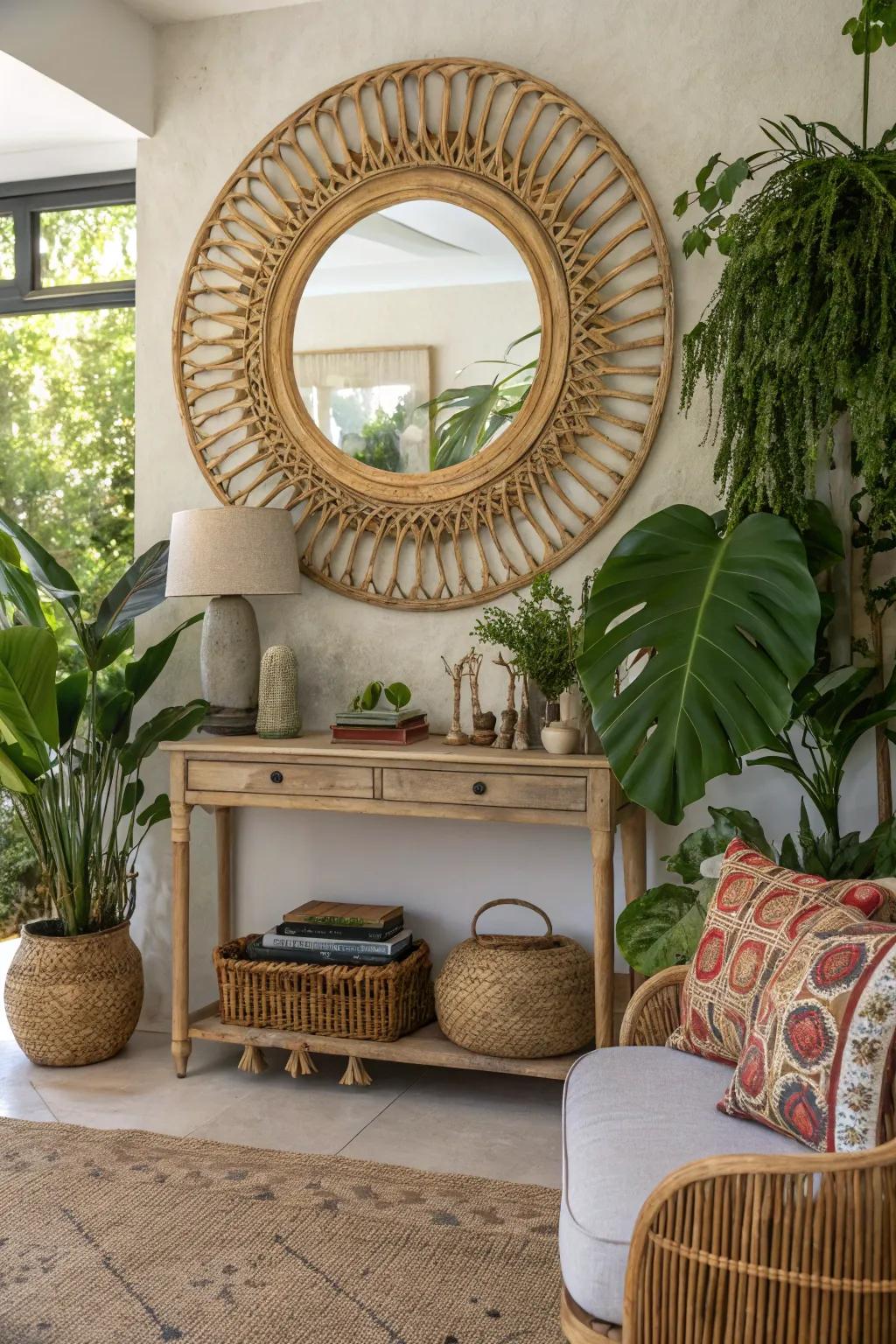 Rattan mirrors introduce a cozy, earthy touch to your space.