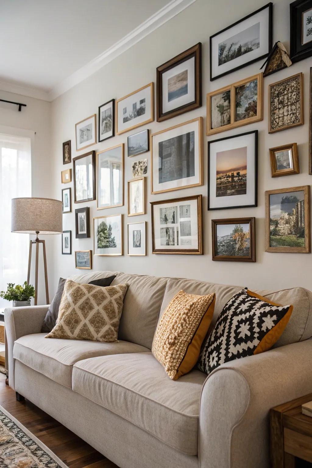 Introduce depth to your photograph arrangement with displays of differing breadths.