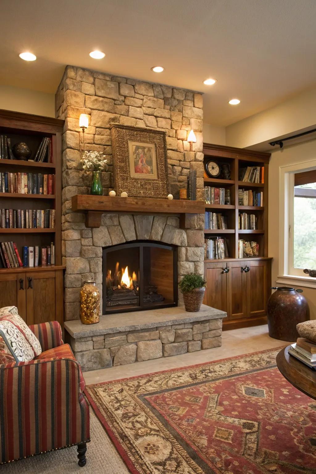 Integrated shelving contributes usefulness and style to your fireplace.