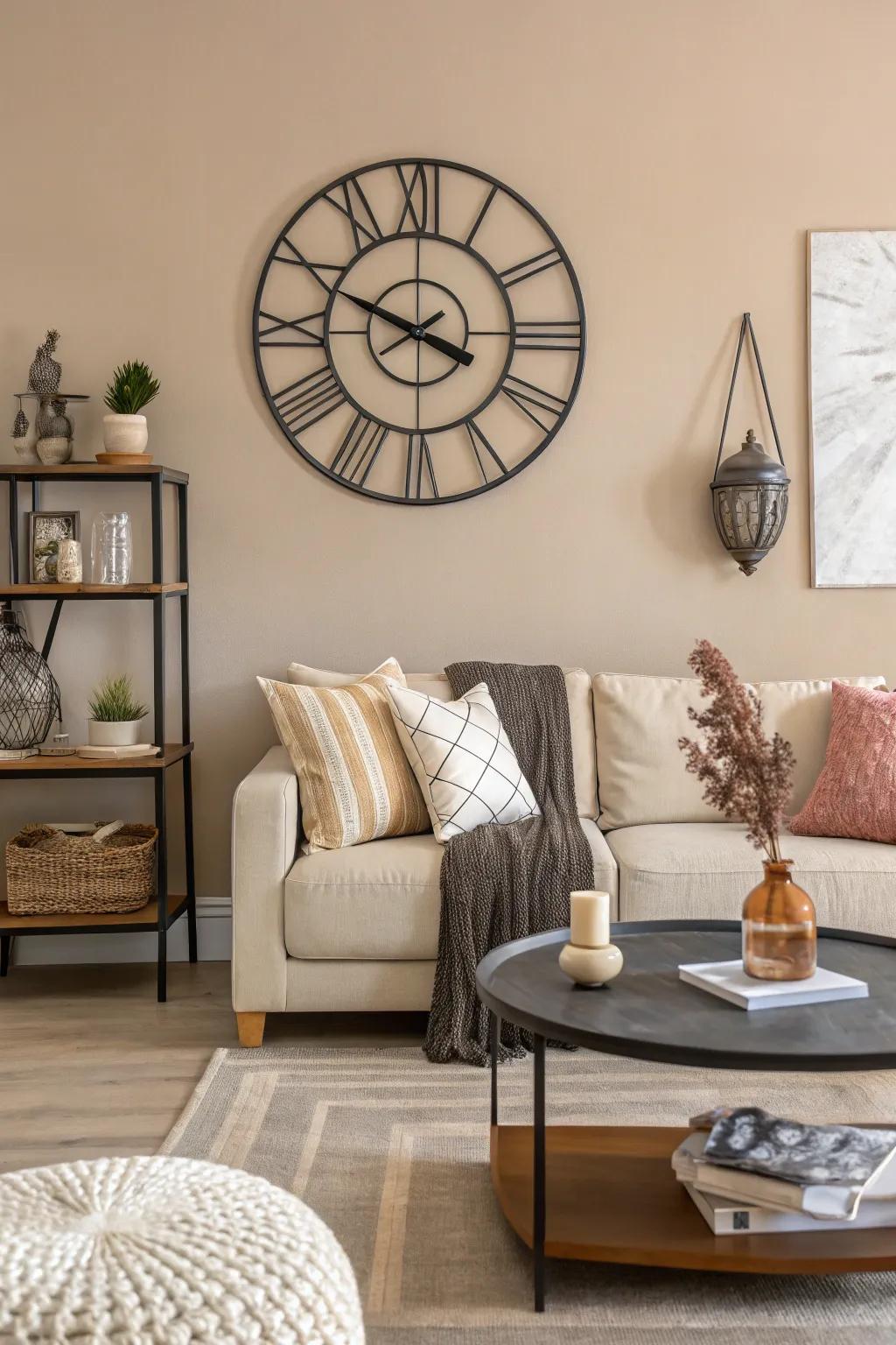 A neutral palette highlights the wall clock as the focal point.