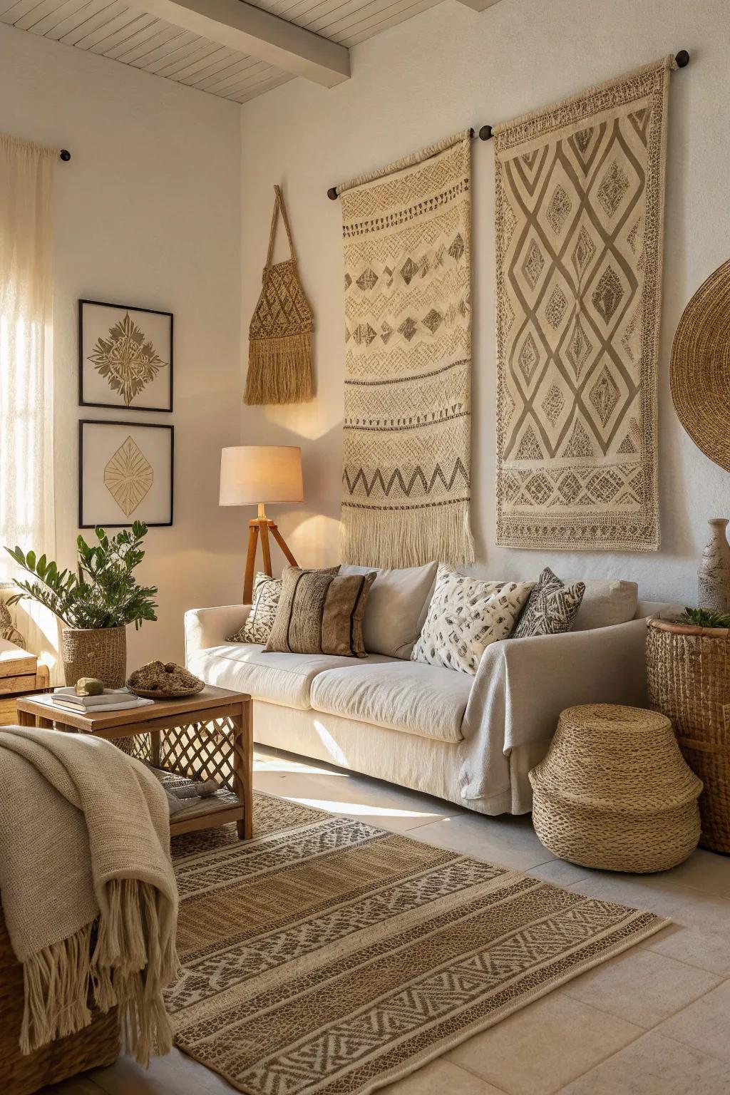 Natural textiles provide a comfortable and tactile wall experience.