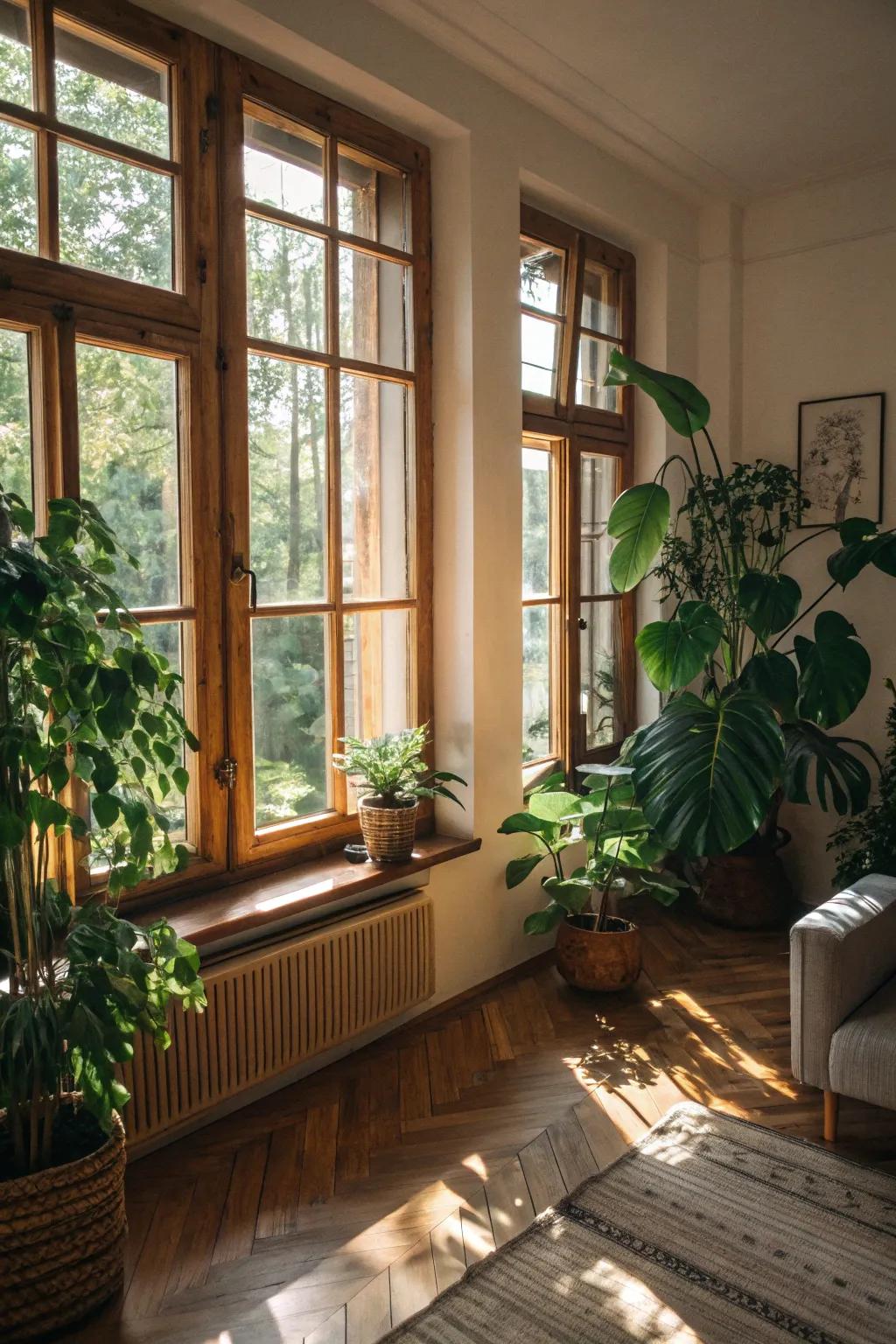 Natural components like wood and plants combine to create a tranquil ambiance.