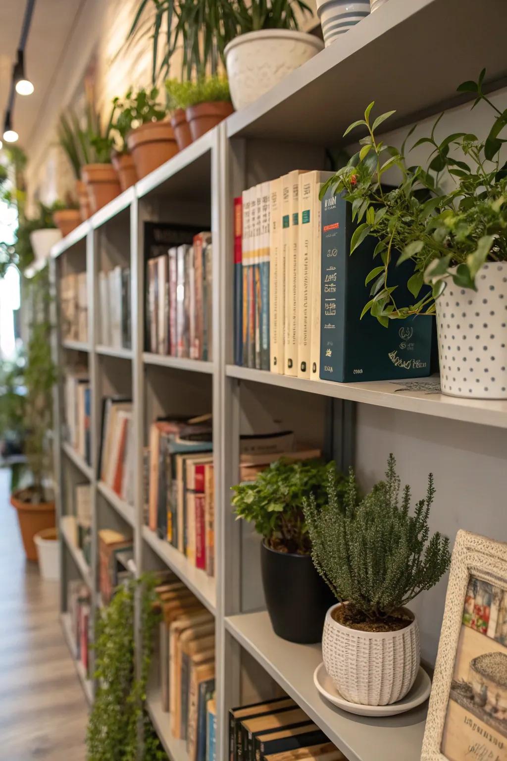 Greenery injects a revitalizing touch to your bookshelves.