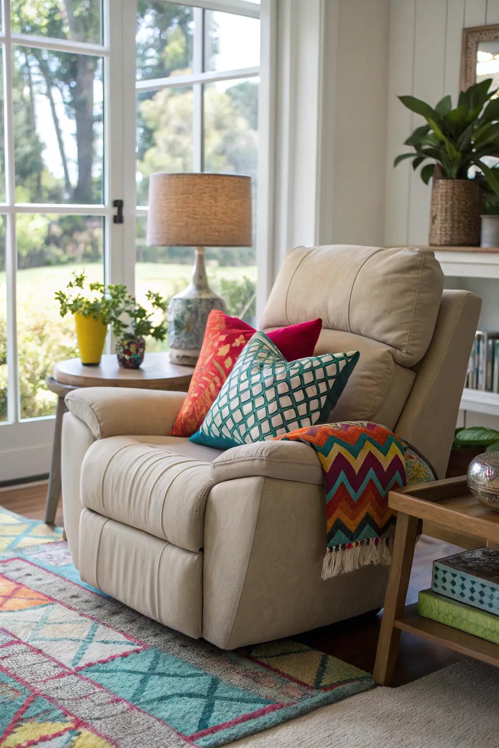 An energetic recliner arrangement featuring decorative accent cushions.
