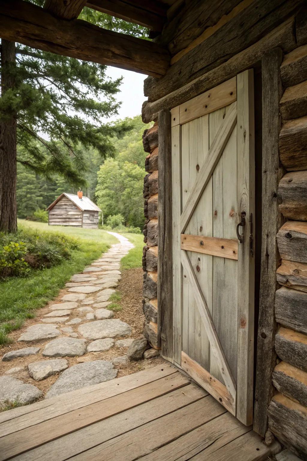 A vintage-style log cabin door built from recycled wood.