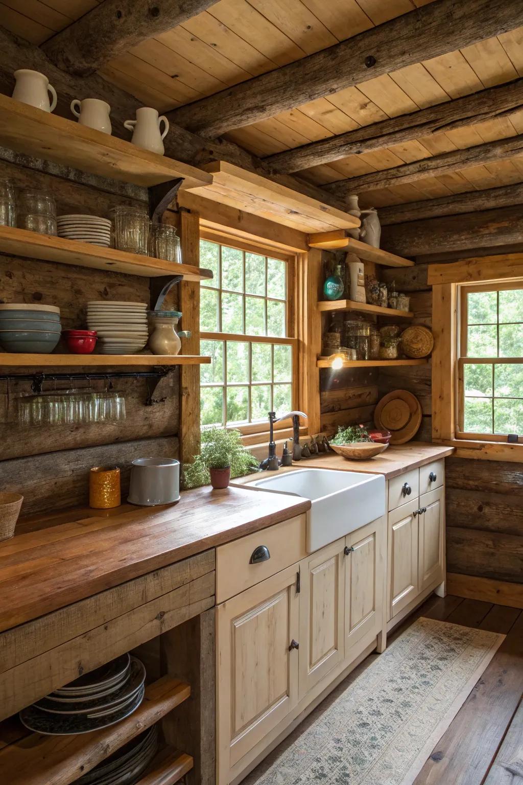 Uncovered shelving tastefully showcases countryside dishware in a log cabin cooking space.
