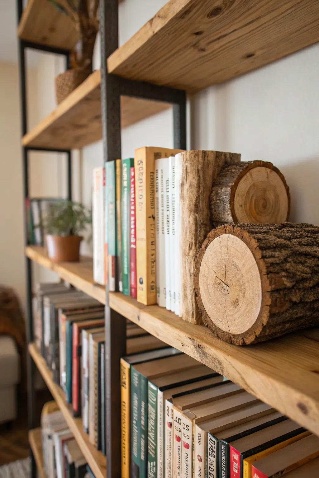 Logs fashioned into natural bookends on a shelf.