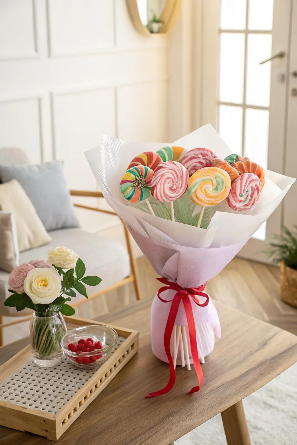 A charming candy pop posy wrapped using ribbon