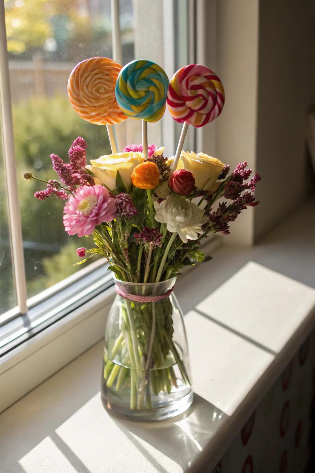 Natural blossoms and candies unite to form a nature-inspired showcase.