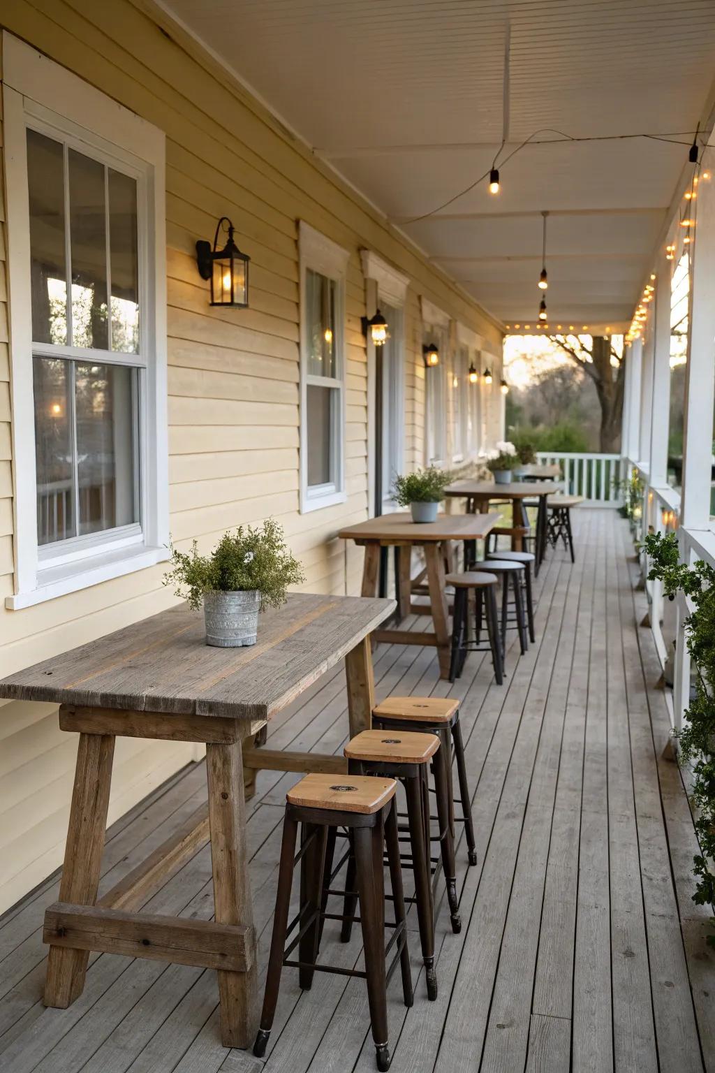 Practical decor like stands and seating enhances the functionality of a wide porch.