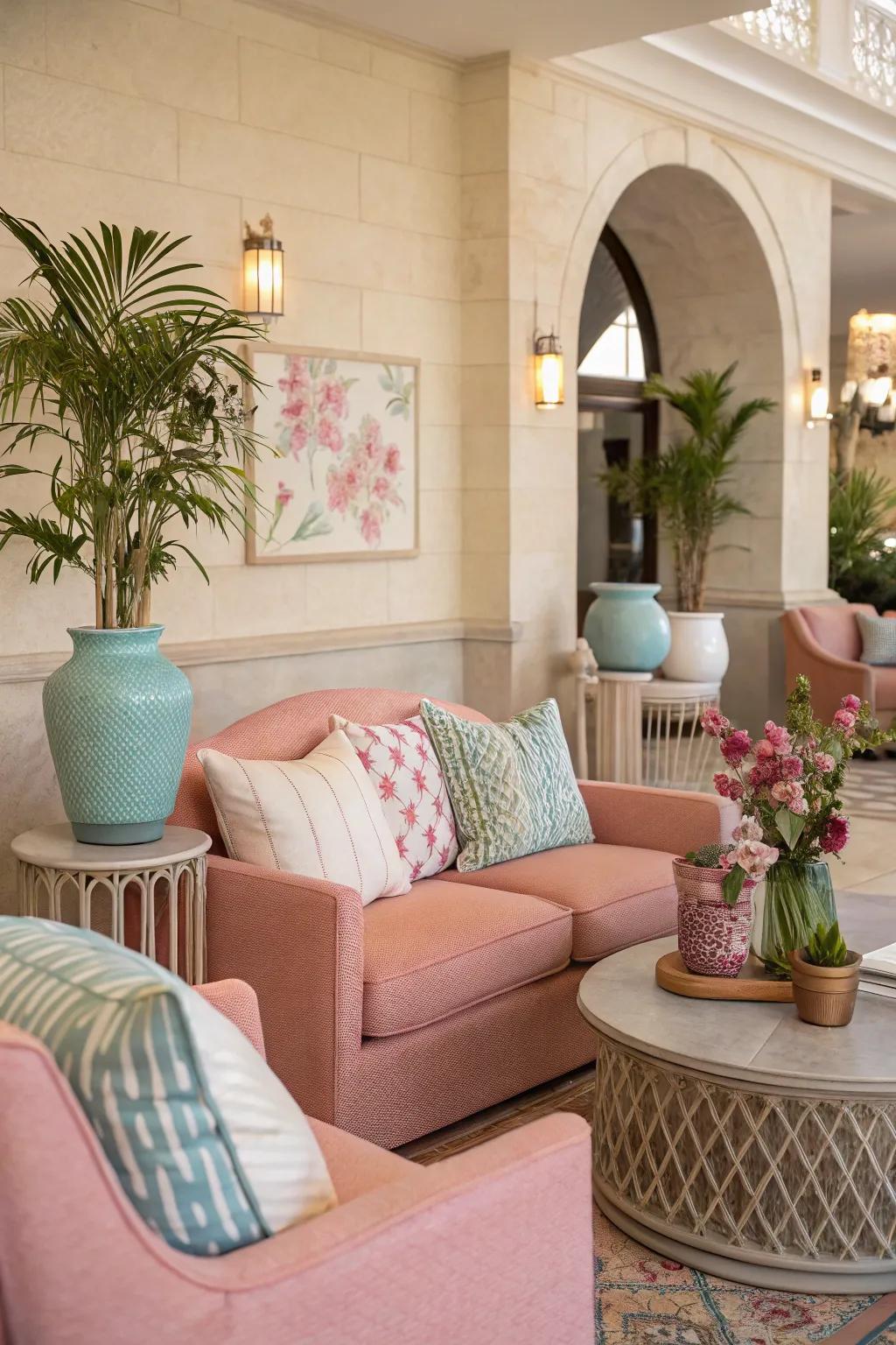 A cohesive color scheme ties the living room together beautifully.