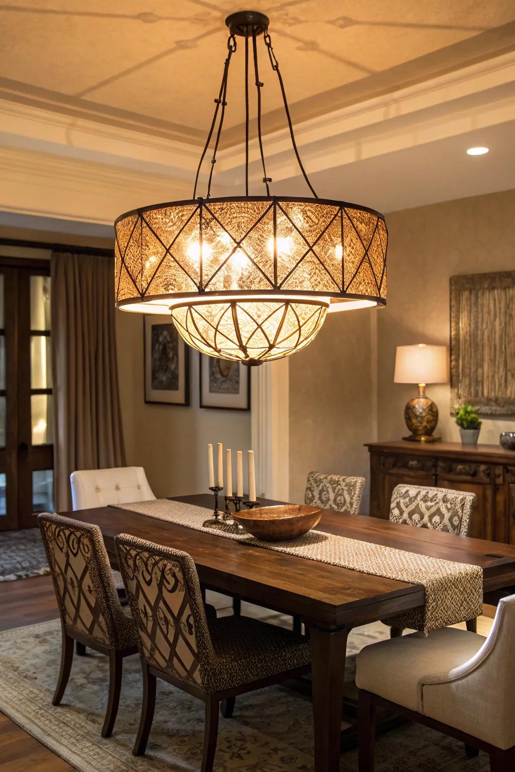 An artistic lamp adds character to a dining room.