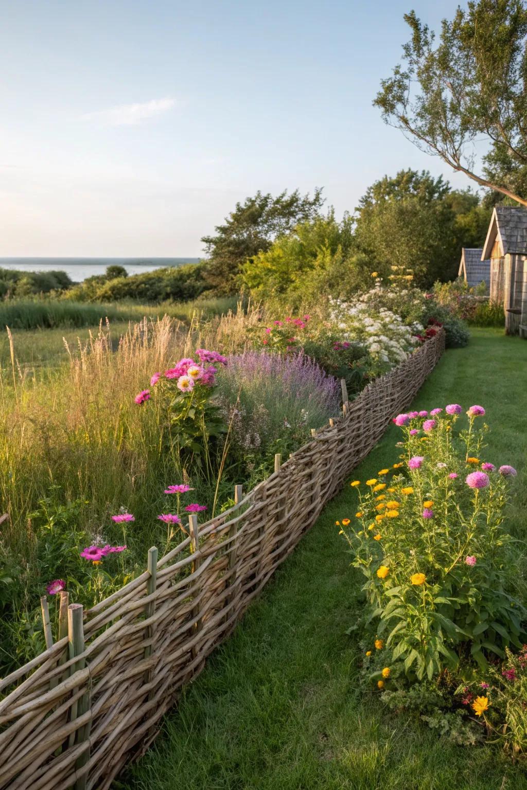 A hand-woven willow barrier brings a handcrafted element to this front yard.