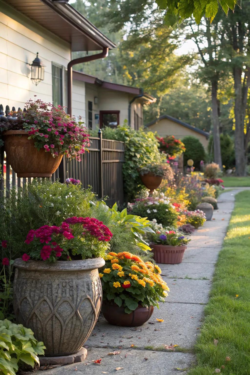 A front yard enhanced through the use of aesthetic pots and vibrant flora.