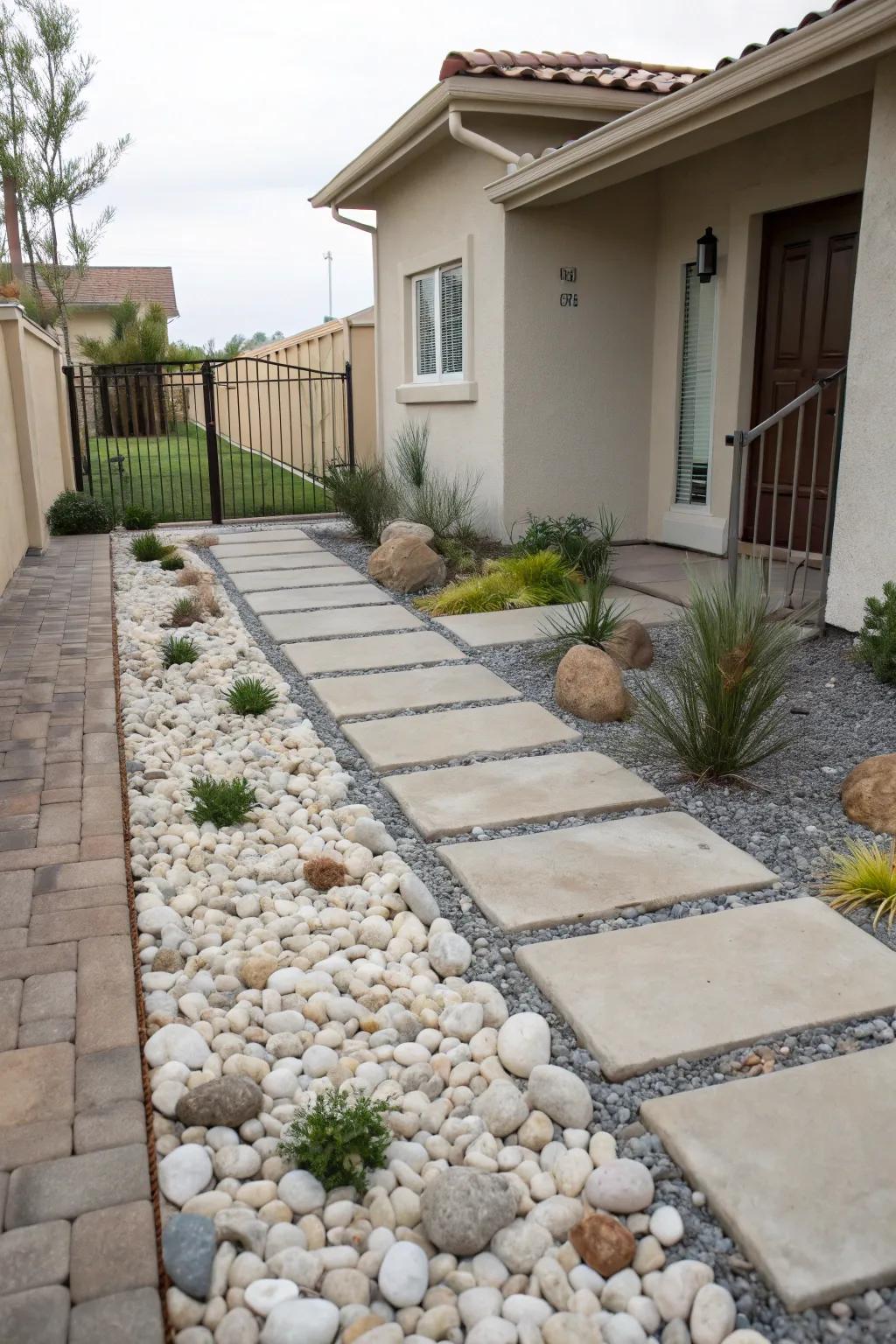 Ornamental stones covering extensive areas for easy maintenance.