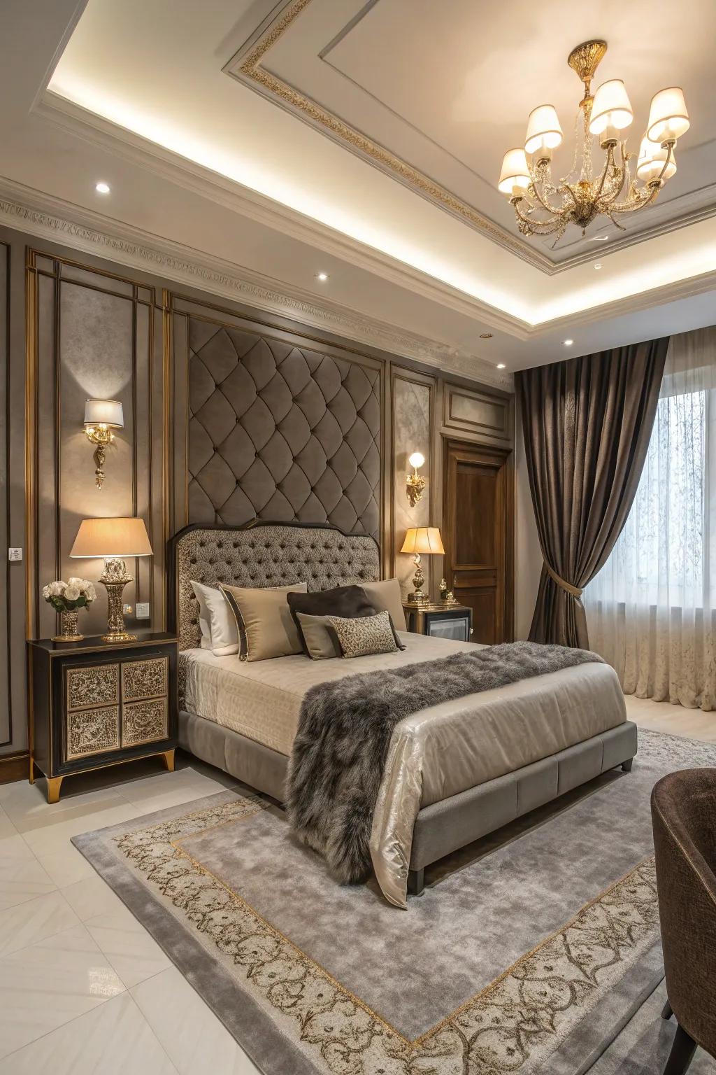 A deluxe bedroom with a combination of traditional and modern design elements.