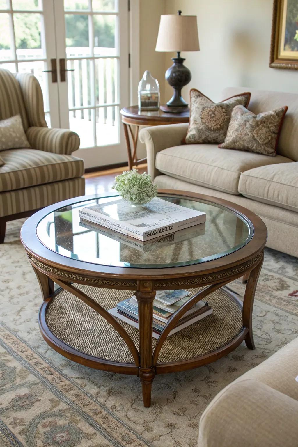 A glass-topped center table brings a hint of elegance to this glam living space.
