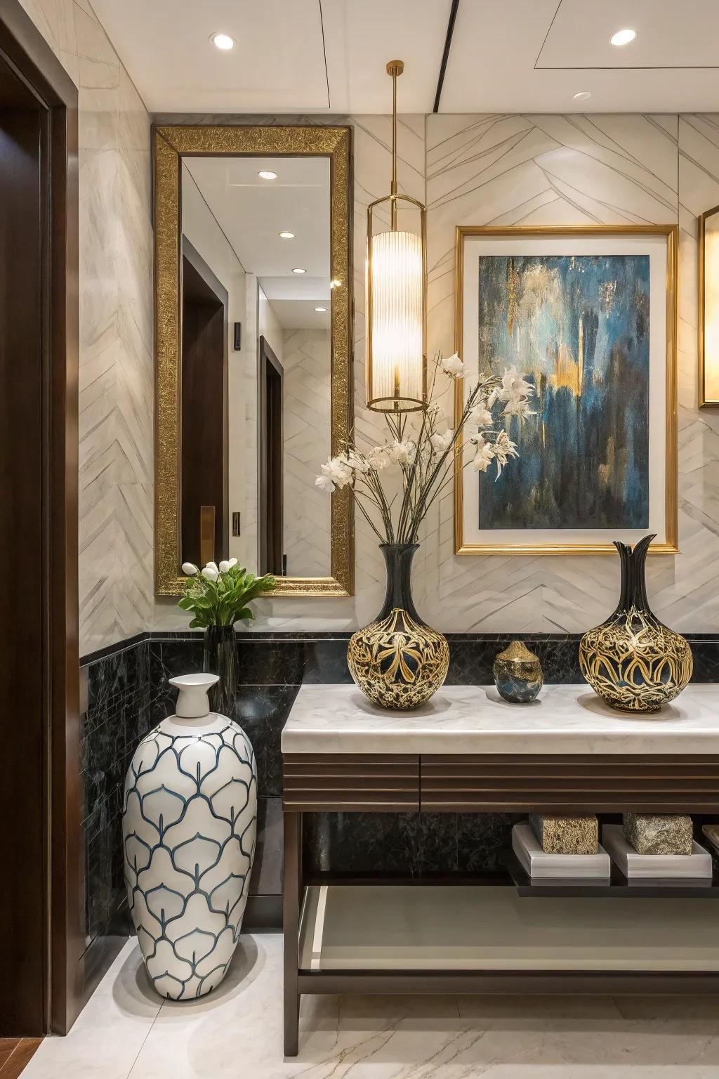 Refined decor items inject a personal impression into this opulent washroom.