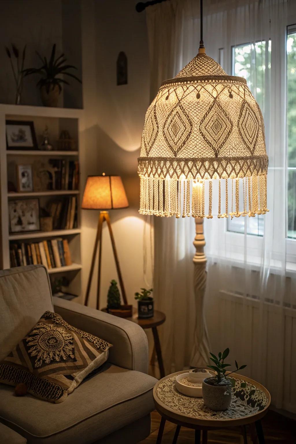 Macrame light fixtures adding warmth and ambiance.