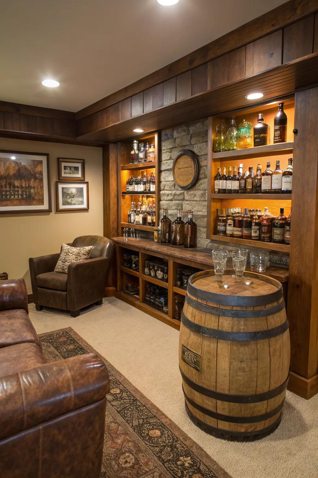 Spirits-themed decor adds a touch of class to your man cave.