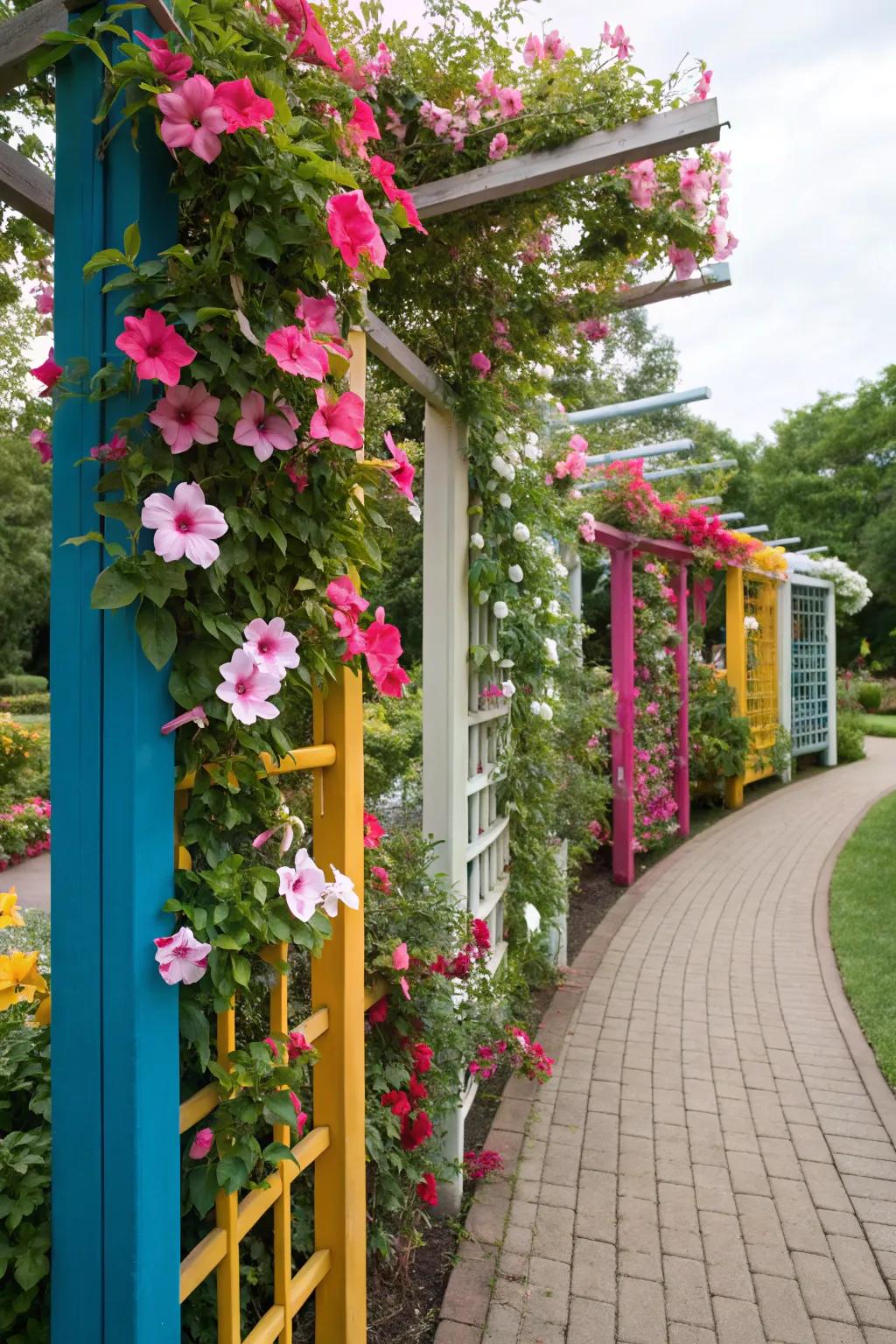 Vibrant trellis panels deliver an artistic setting for <strong><em>Dipladenia splendens</em></strong> blossoms.” loading=”lazy” class=”pimg”>
	</picture><figcaption>Vibrant trellis panels deliver an artistic setting for <strong><em>Dipladenia splendens</em></strong> blossoms.</figcaption></figure>
<p>Incorporate a burst of color with painted trellis panels that enhance the vibrant shades of <strong><em>Dipladenia splendens</em></strong>. It’s a cheerful and artistic element that can brighten any garden area, much like a painter’s canvas.</p>
<h3>Consider these options:</h3>
<ul class=