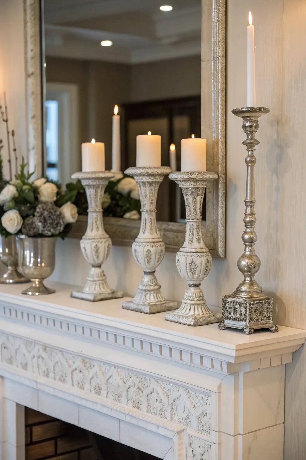 Symmetrical designs impart a harmonious and balanced sensation to the mantel.