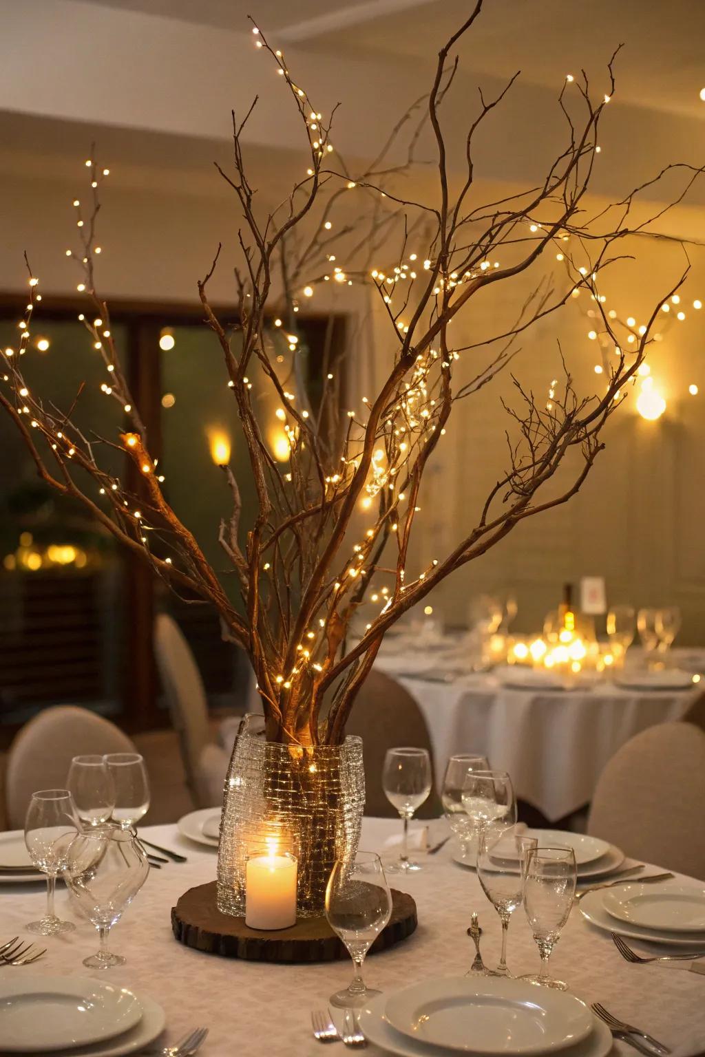 Quixotic twinkle bulbs foster a magical manzanita centerpiece.