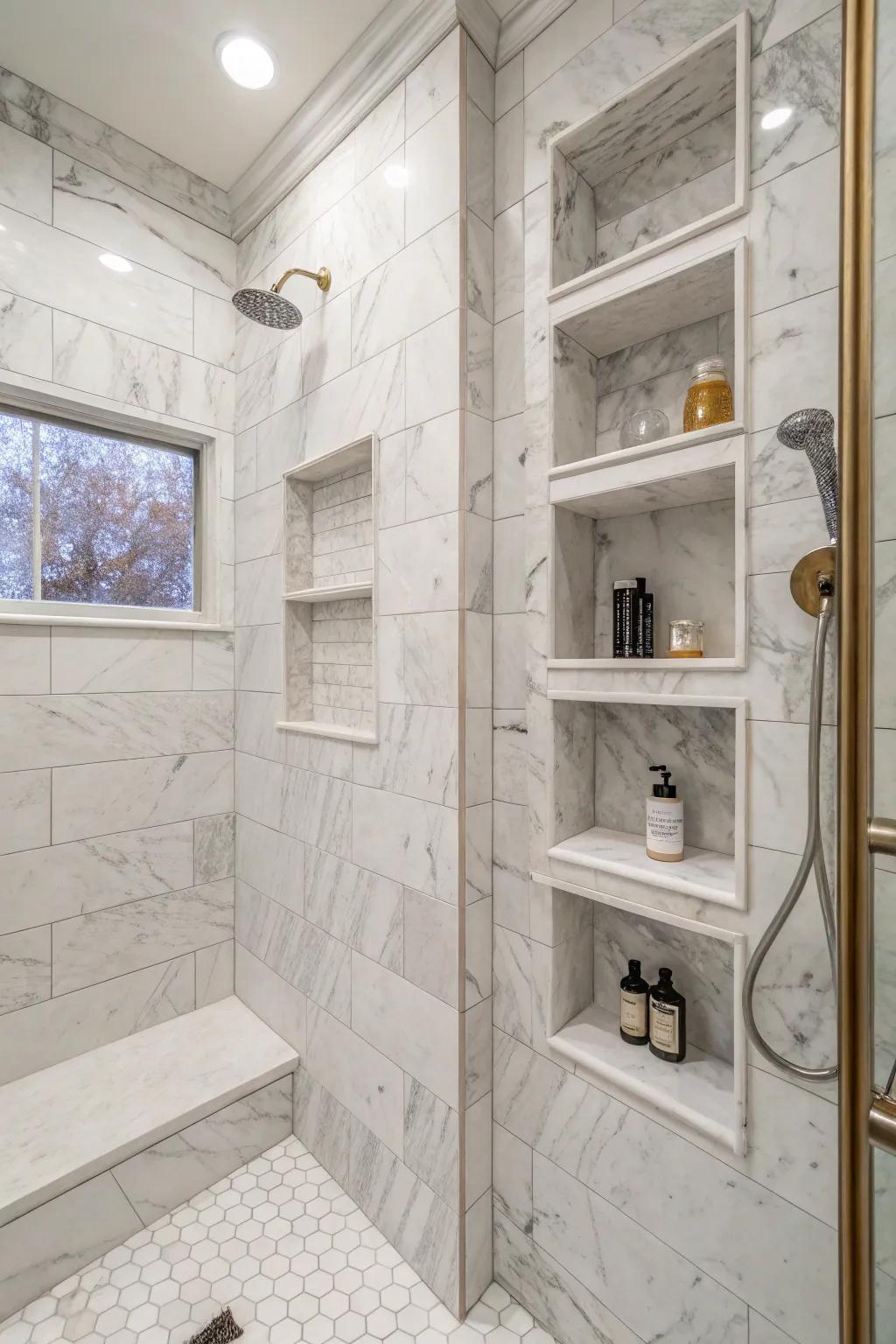Integrated shelving keeps your shower organized and stylish.
