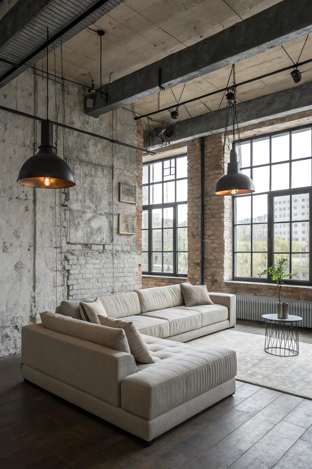 Wallpaper that simulates concrete delivers metropolitan sophistication.