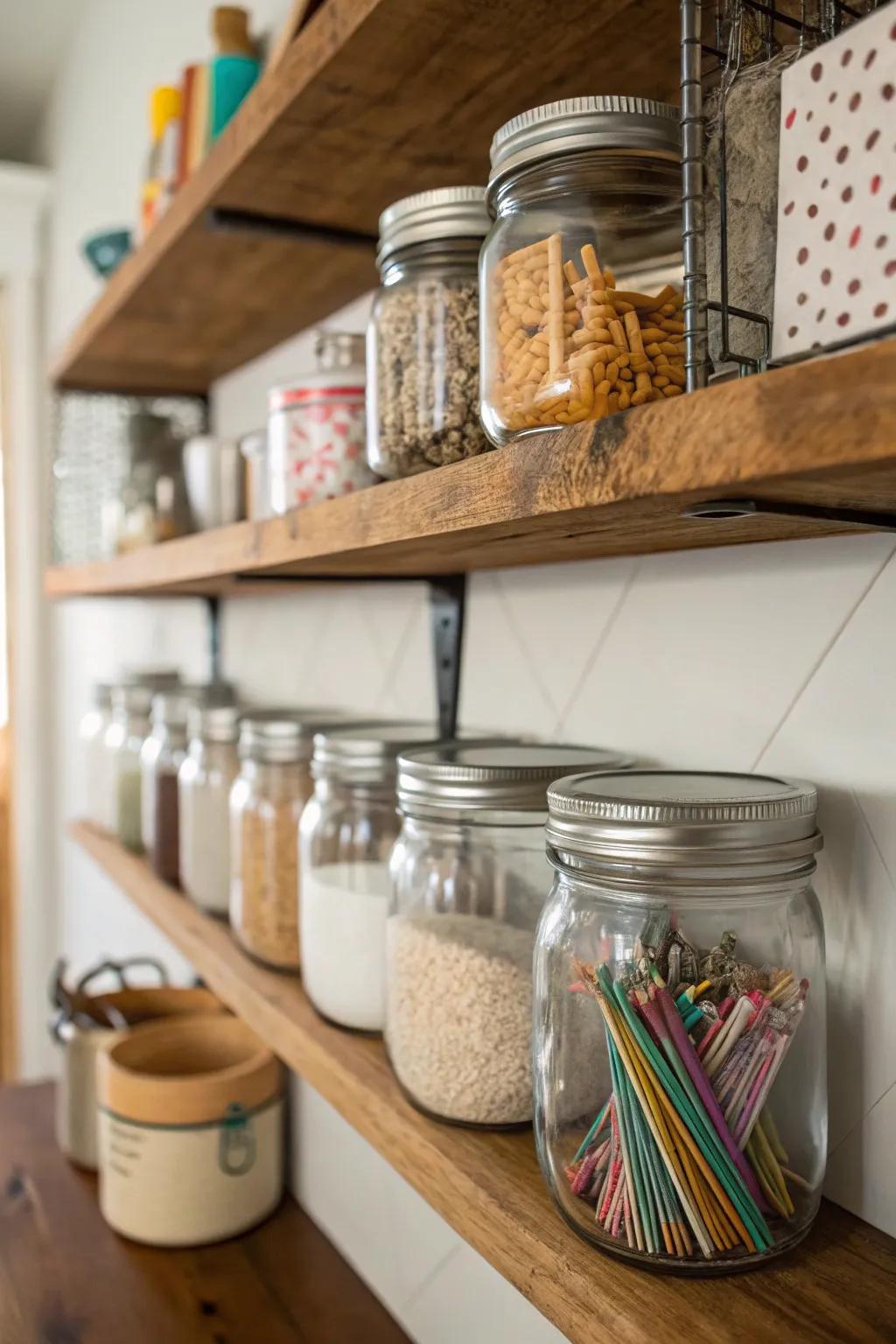 Organize with style using preserving jars for storage.