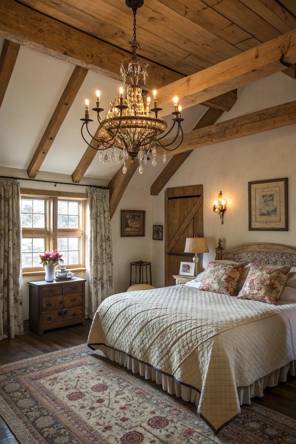 Warm and sophisticated rustic lighting enhancing a farmhouse bedroom