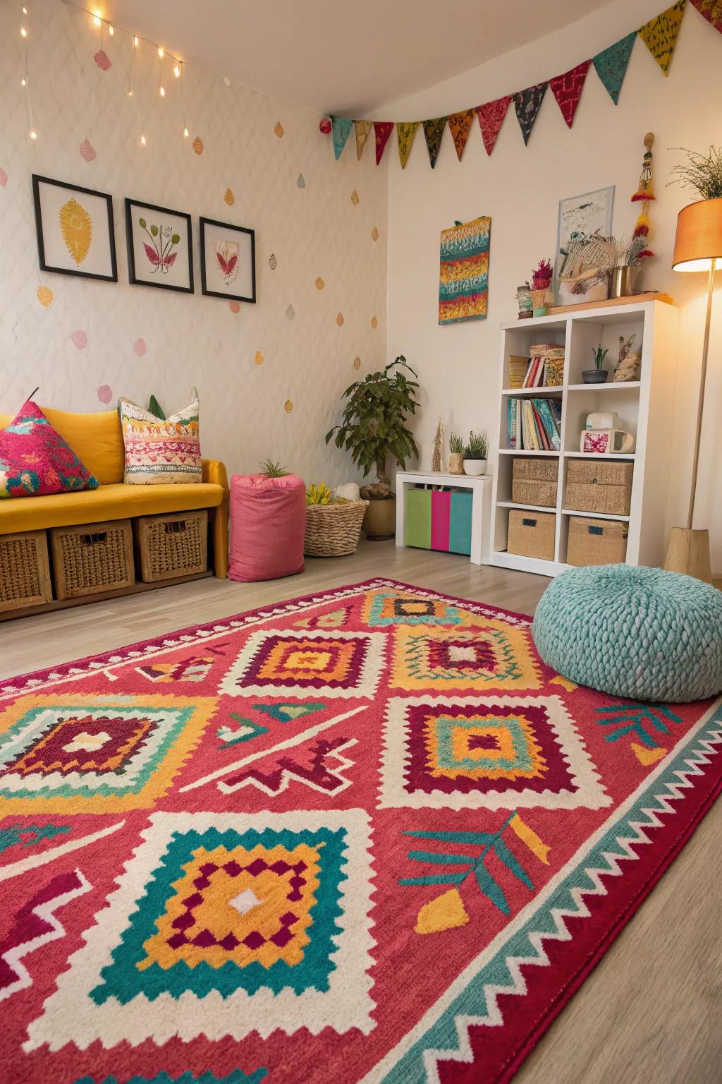 A striking rug unites the area in this maximalist refuge.