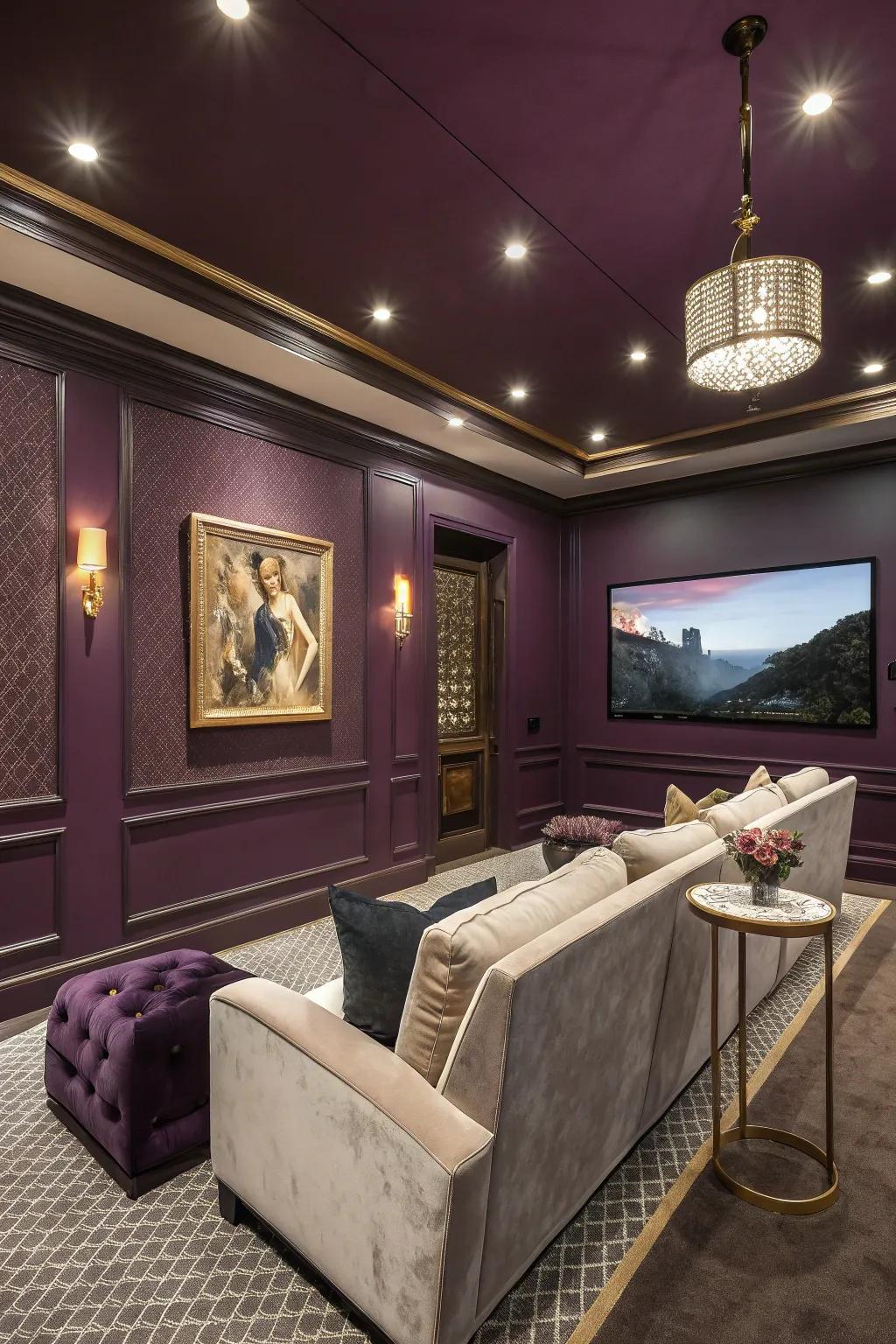 A luxurious media room with deep purple walls, exuding elegance.