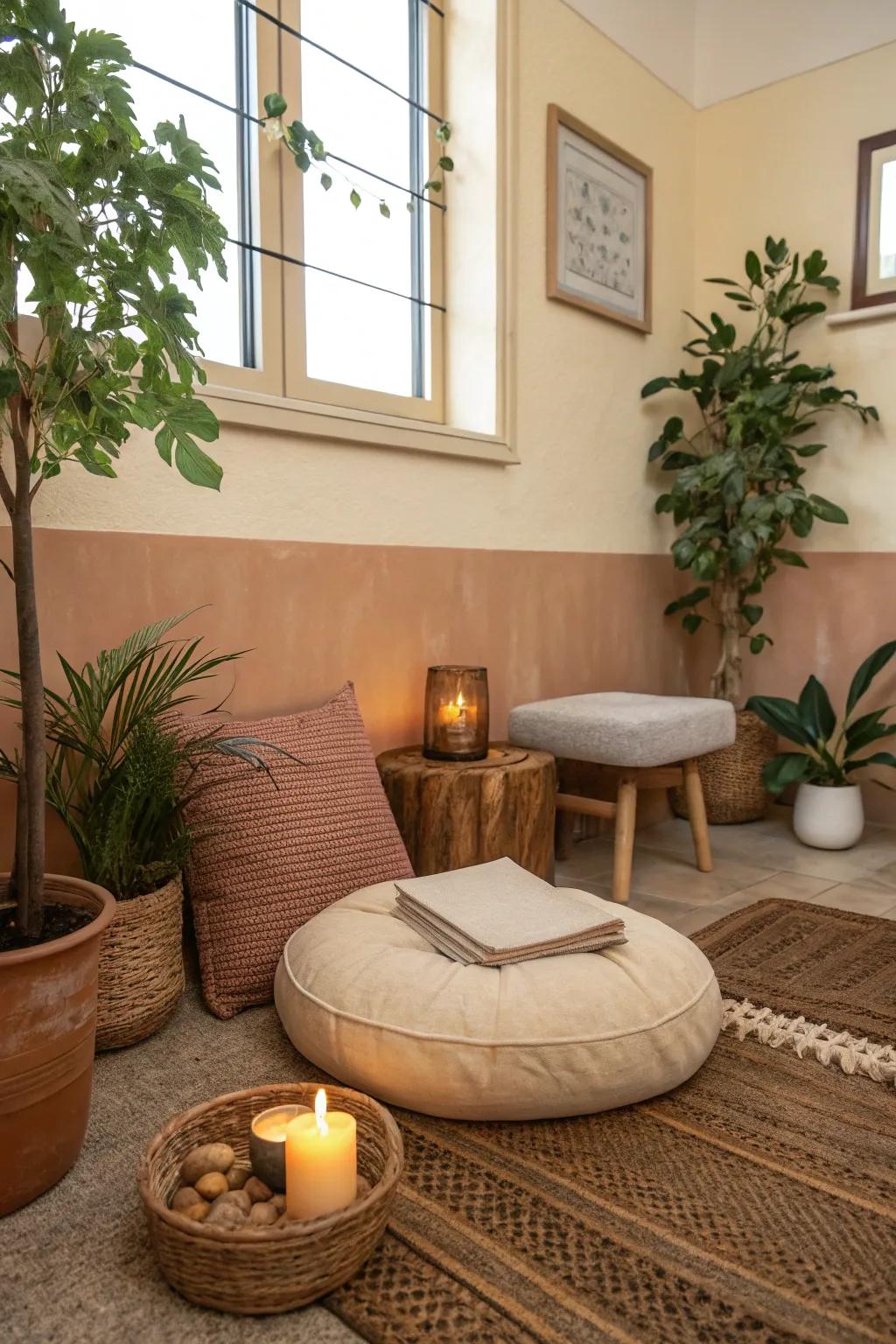 Terrestrial hues contribute to establishing a placid and harmonious meditation vicinity.