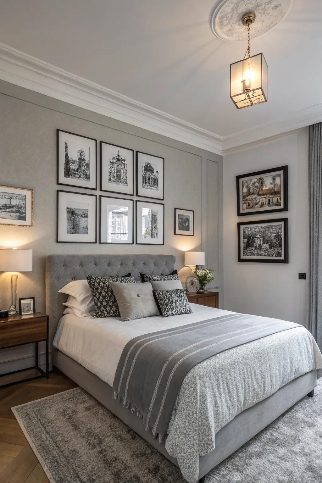 The elegance of this grey bedroom is enhanced by monochrome art.