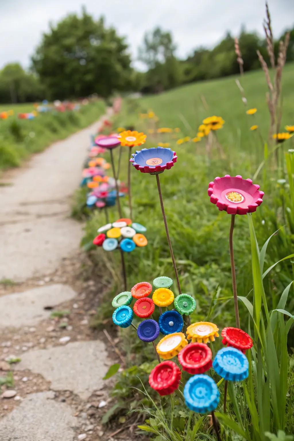 DIY bottle cap flowers add a quirky touch.