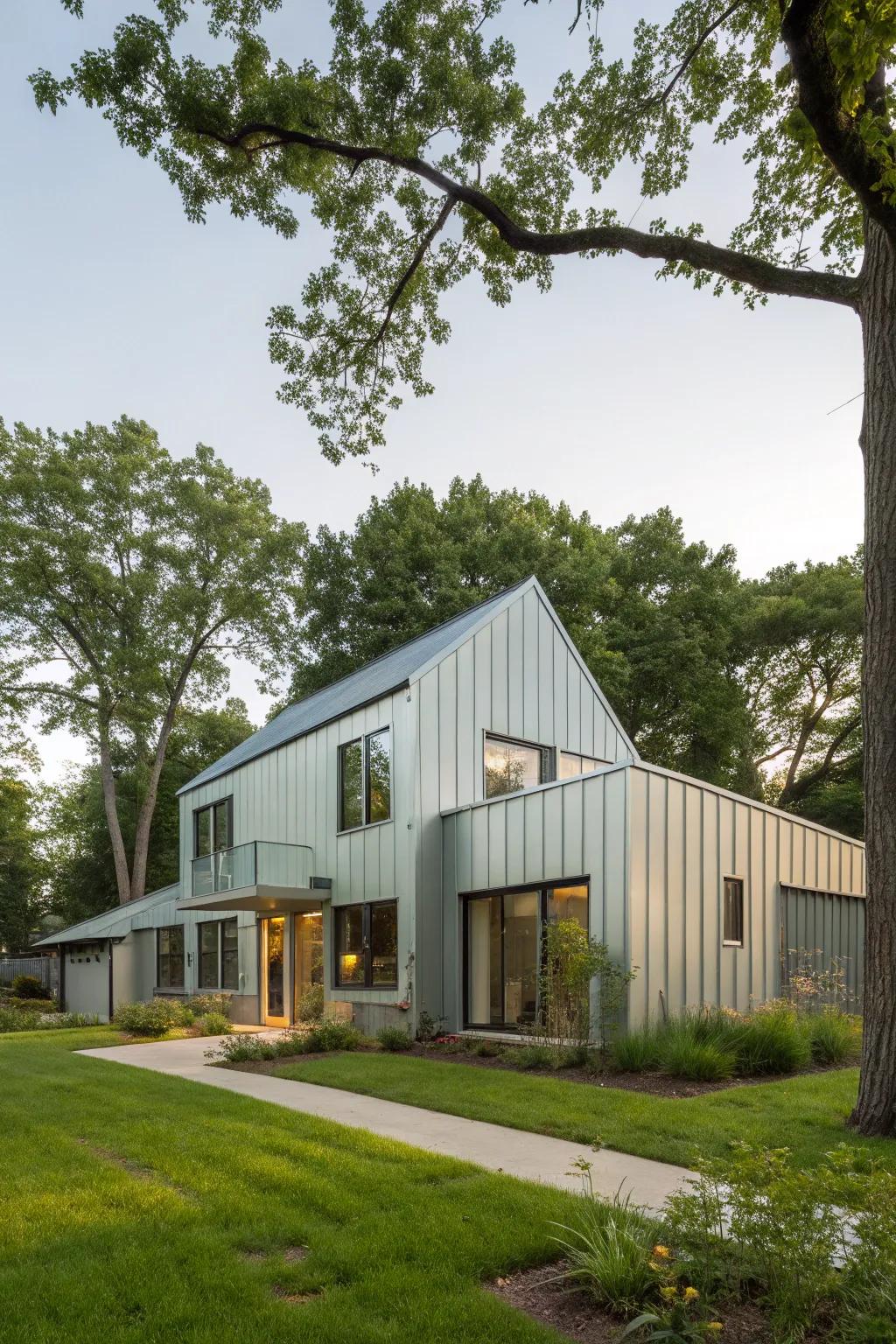 An environmentally-sound dwelling adorned with sustainable metal cladding, harmonizing seamlessly within its verdant milieu.