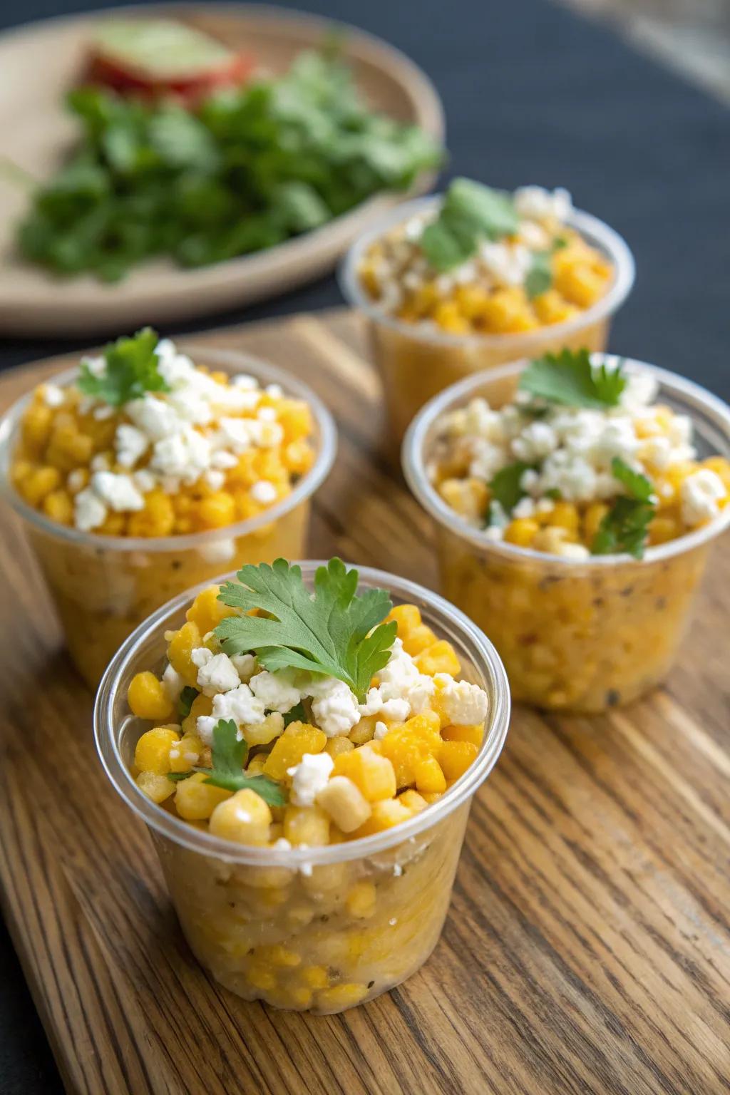 Enjoy corn in a cup, a fun take on classic elotes.