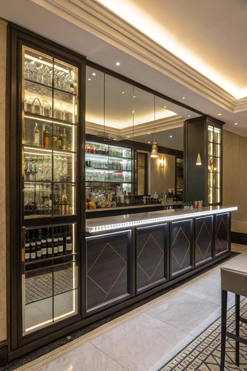 Mirrors improve the perception of space and illumination in a small bar.