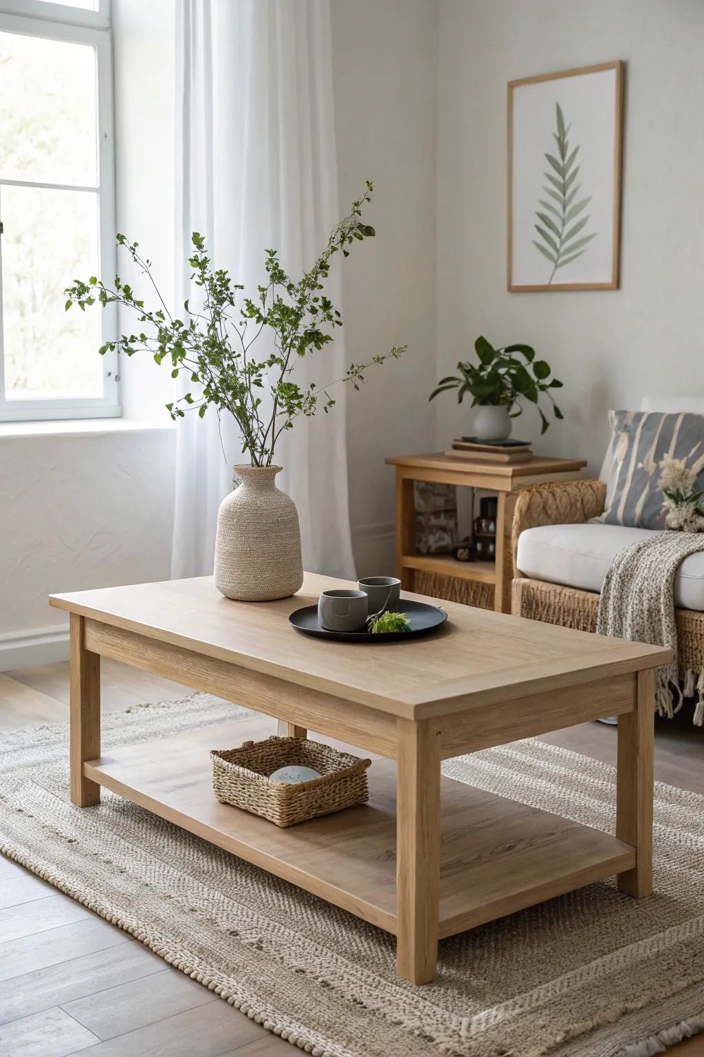 Timber accents introduce warmth and character to minimalist decor.